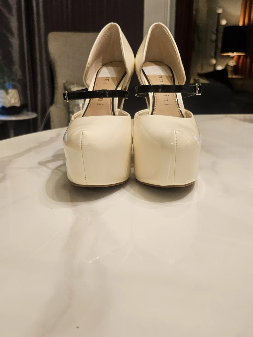 Gianni Bini Cream Patent Platform Mary Jane Heels with Black Strap